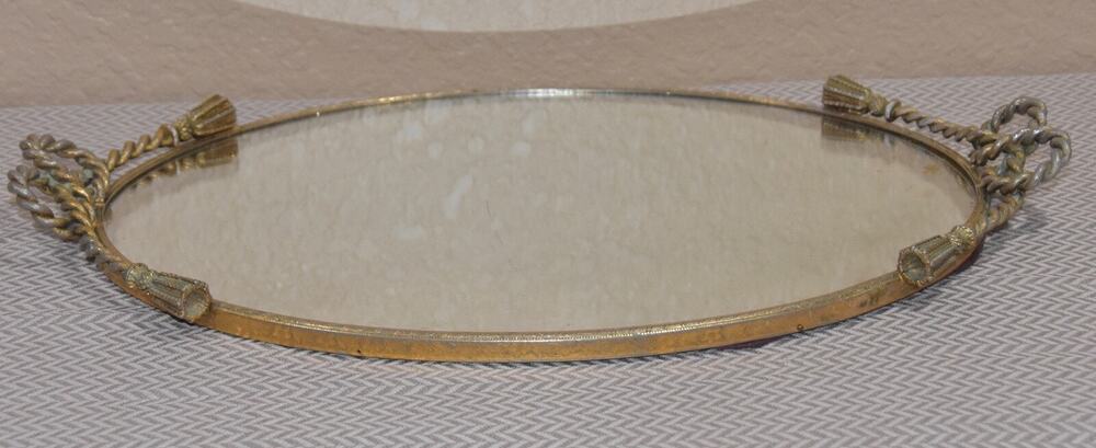 Italian ART DECO Vanity Mirror Tray Rope Handles Gold Hollywood Regency 20"x13"